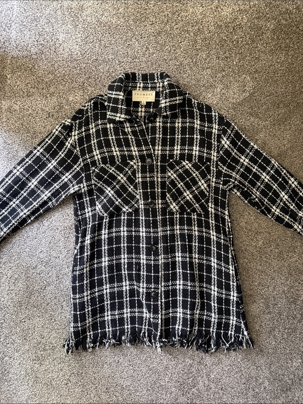 Promesa Black and White Plaid Button-Down Jacket with Fringe Hem